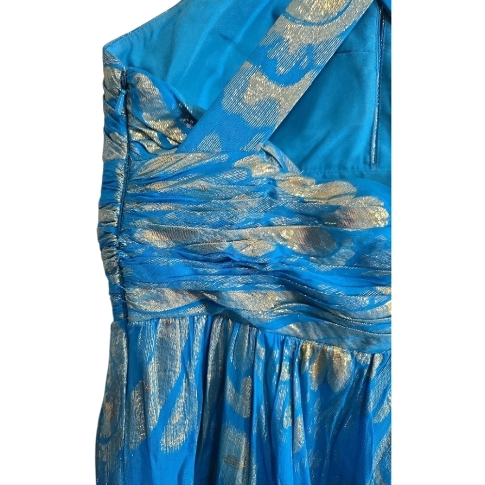 Aidan Mattox Foil Halter Neck Maxi Gown 6 Silk Metallic Blue With Gold Foil - Picture 6 of 8